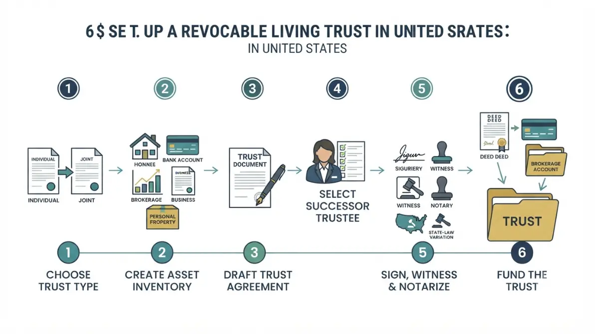 Living trust setup diagram showing six steps from choosing the trust type to funding assets