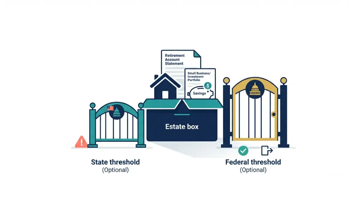 States with inheritance tax and estate tax rules illustrated through a lower state estate tax threshold and a higher federal estate tax threshold