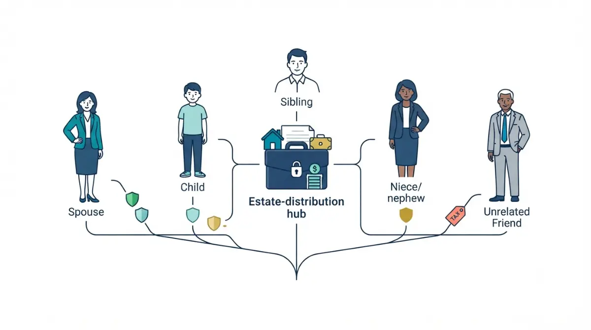 States with inheritance tax comparison showing how a spouse, child, sibling, niece, and unrelated friend can face different inheritance tax outcomes