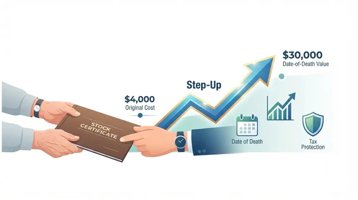 Professional vector illustration showing step-up in basis concept for inherited stock with timeline from original cost to date-of-death value