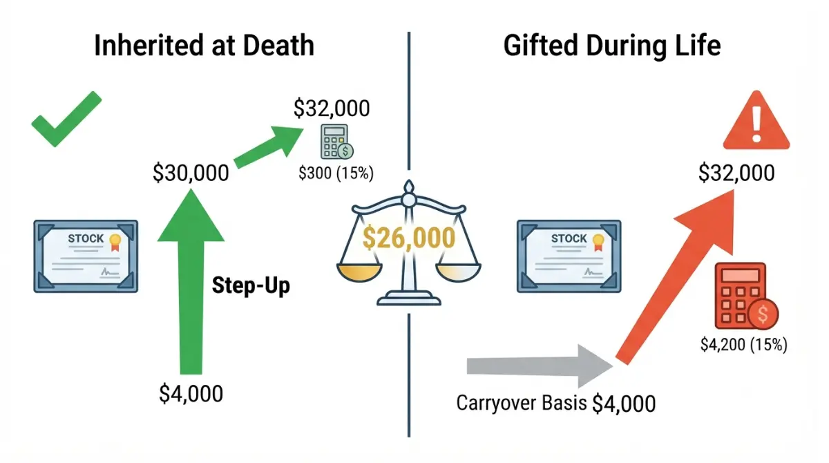 Side-by-side vector comparison showing step-up basis on inherited stock versus carryover basis on gifted stock with tax impact calculations