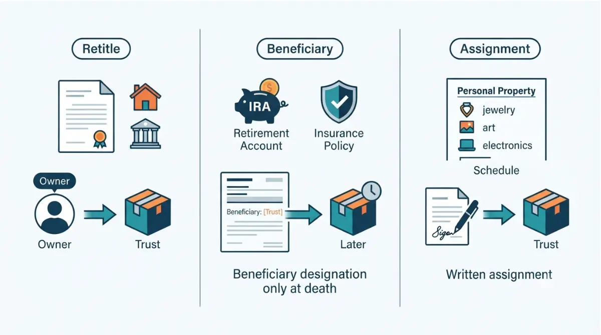 Vector diagram showing three ways to fund a living trust: retitling assets, naming the trust as beneficiary, and using a written assignment for untitled property