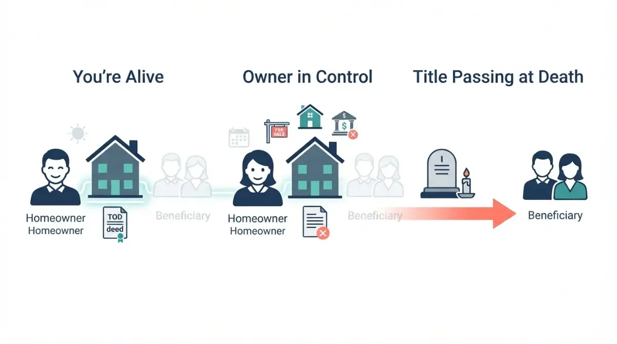 Timeline vector showing how a Transfer on Death Deed works while the owner is alive and at death