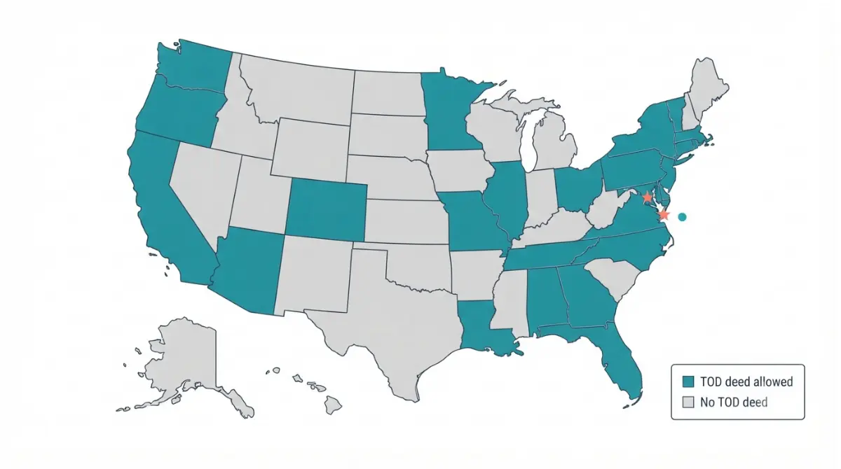 U.S. map vector highlighting states that allow a Transfer on Death Deed as of 2026