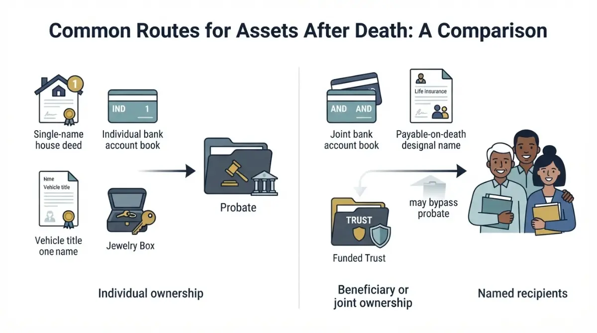What is probate: vector comparison of individually owned assets entering probate and beneficiary or jointly owned assets that may transfer directly