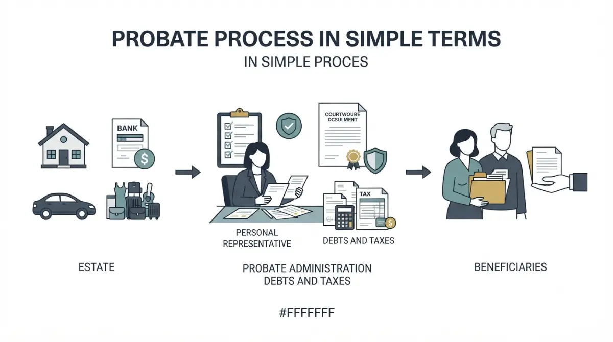 What is probate: vector illustration showing an estate moving through court review, debts and taxes, and distribution to heirs