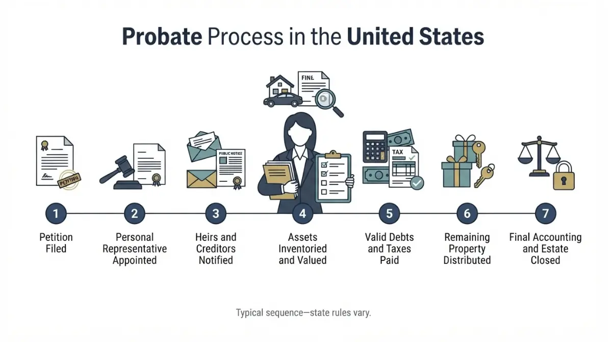 What is probate: vector timeline showing seven typical steps from filing a petition to closing the estate