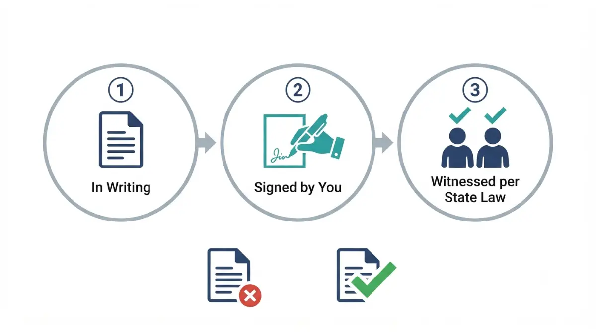 “Three-step checklist for a legally valid will as advised by a Lawyer: writing, signature, and proper witnesses”