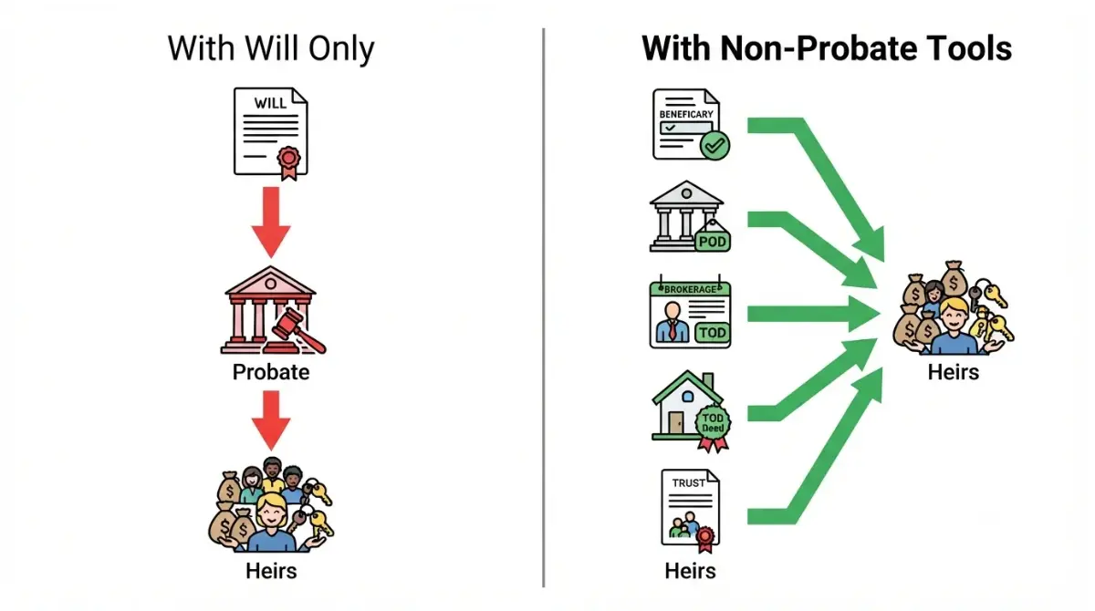 “Diagram showing how a will sends assets to probate court while beneficiary tools avoid probate”