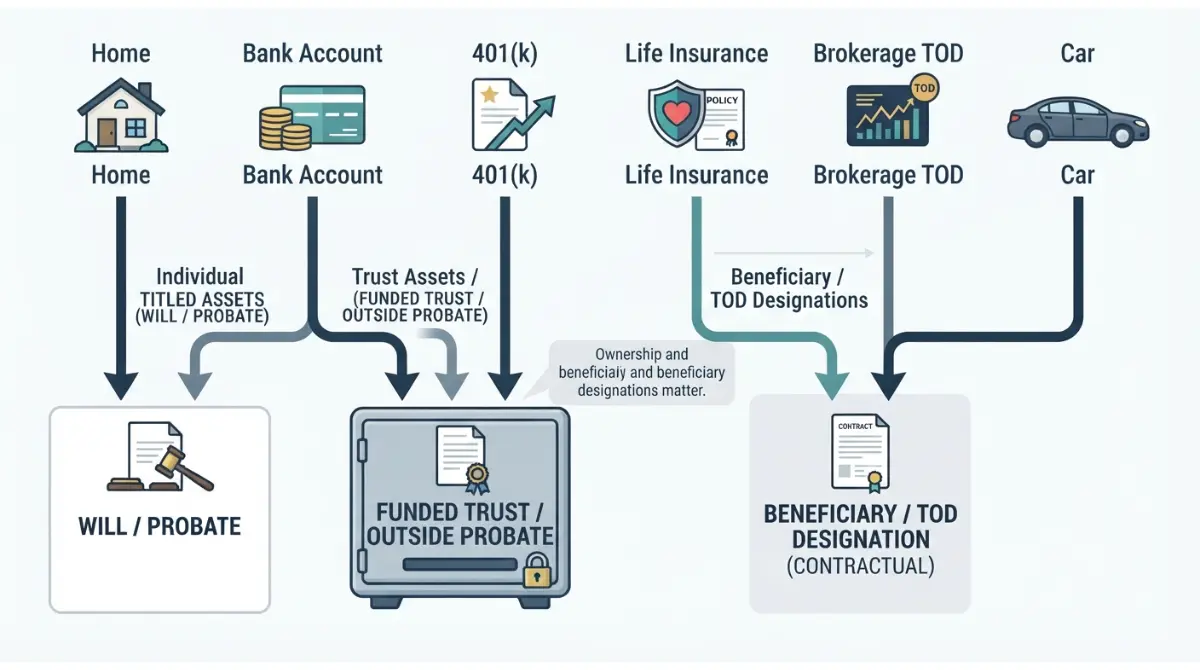 Will vs Trust showing how homes bank accounts 401k life insurance and TOD assets are routed
