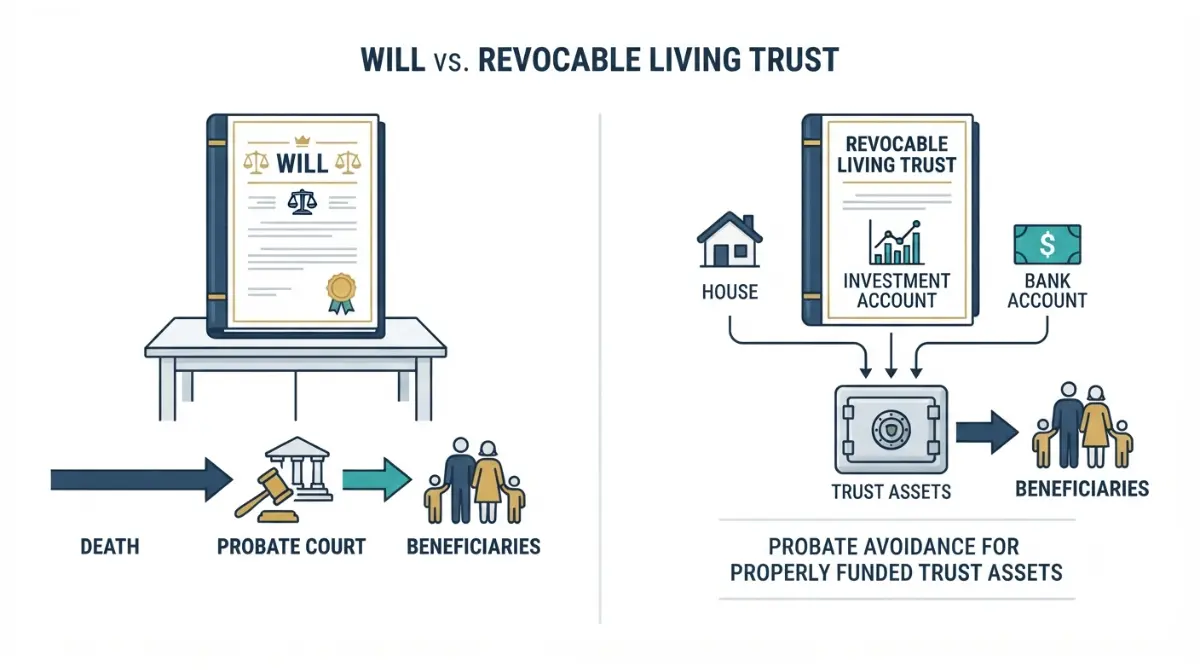 Will vs Trust comparison showing how a will and revocable living trust handle assets