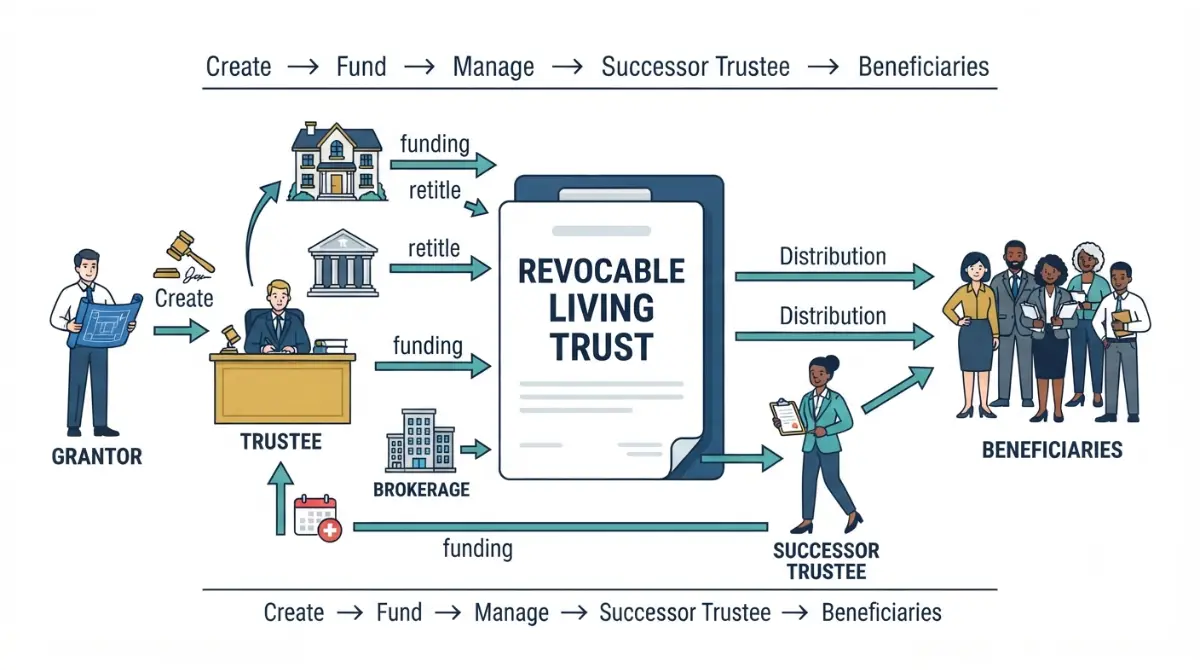 Will vs Trust showing grantor trustee successor trustee and beneficiaries in a revocable living trust