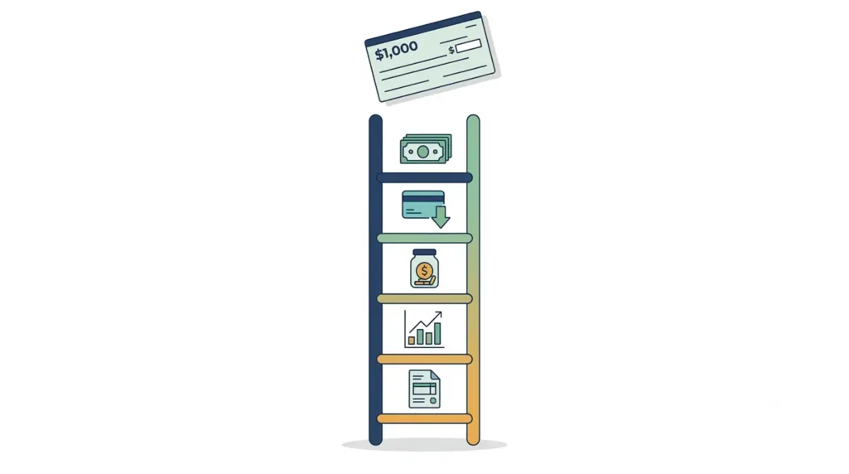Tax Refund priority ladder vector illustration showing five uses for a $1,000 tax refund: emergency cushion, credit card payoff, savings, IRA contribution, and withholding adjustment.