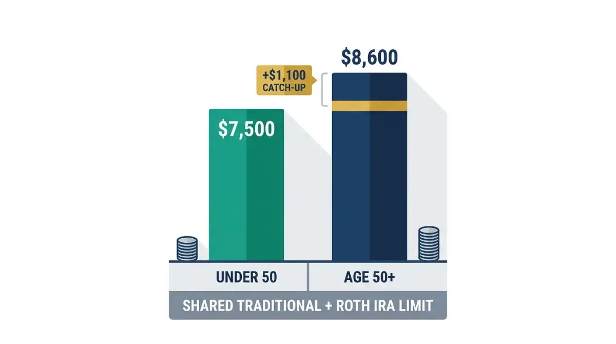 Tax Refund IRA Contribution limits for 2026: $7,500 under age 50 and $8,600 for age 50 or older