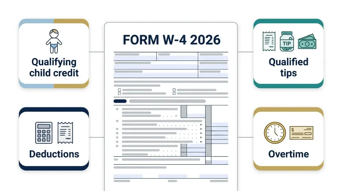 Refund-related 2026 W-4 entries for child tax credit, tips, overtime, and deductions in a vector illustration