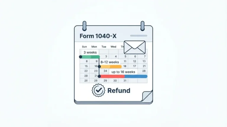 Vector timeline showing IRS amended return refund processing: 3 weeks to appear, 8–12 weeks usual, up to 16 weeks for some cases