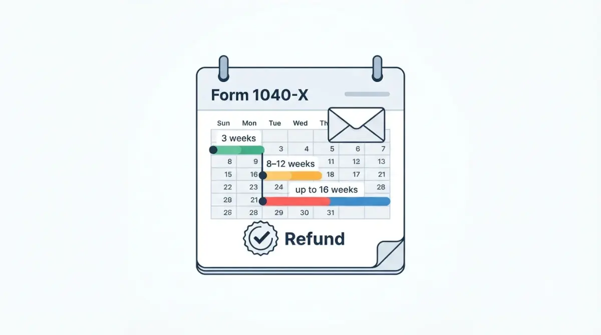 Vector timeline showing IRS amended return refund processing: 3 weeks to appear, 8–12 weeks usual, up to 16 weeks for some cases