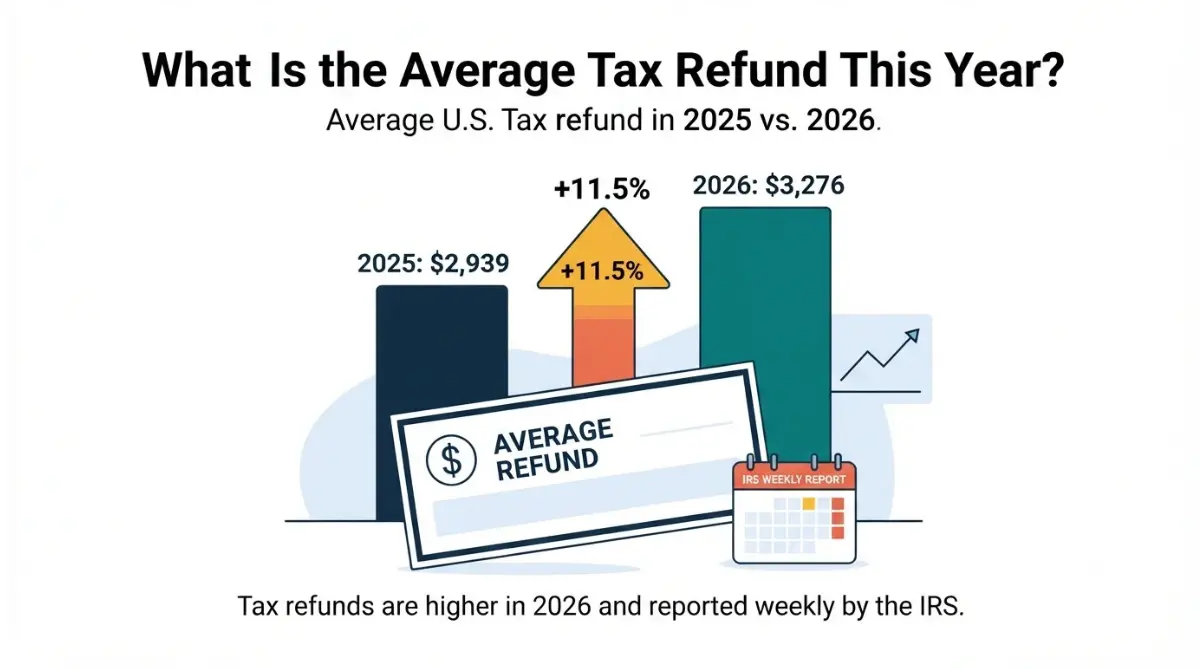 Average Tax Refund illustration comparing the 2025 average IRS tax refund of $2,939 with the 2026 average of $3,276, shown with a weekly IRS report calendar and refund check on a white background.