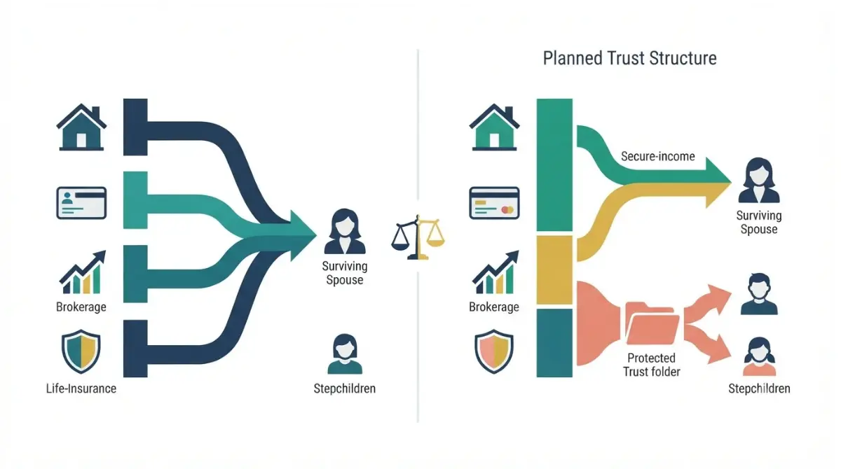Blended Family Estate Planning comparison showing a hypothetical estate flowing to a spouse or protected stepchild trust.