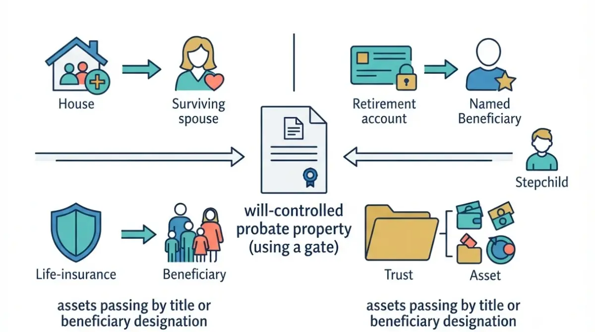 Blended Family Estate Planning illustration showing a will and assets passing through separate beneficiary and ownership routes.
