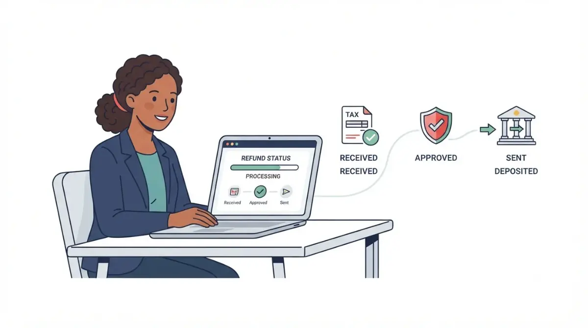 Check Tax Refund Status with a taxpayer viewing received, approved, and sent refund stages