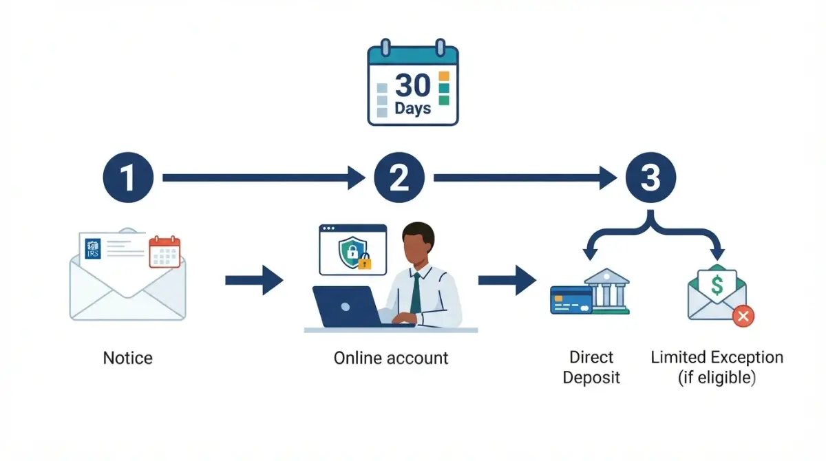 Tax Refund CP53E response timeline showing notice, online account, and 30-day action