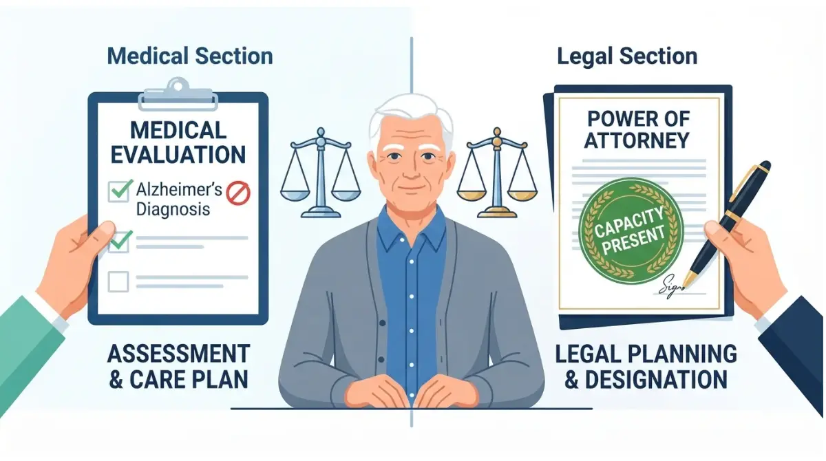 Diagram showing dementia diagnosis does not equal loss of legal capacity for Parent to sign power of attorney