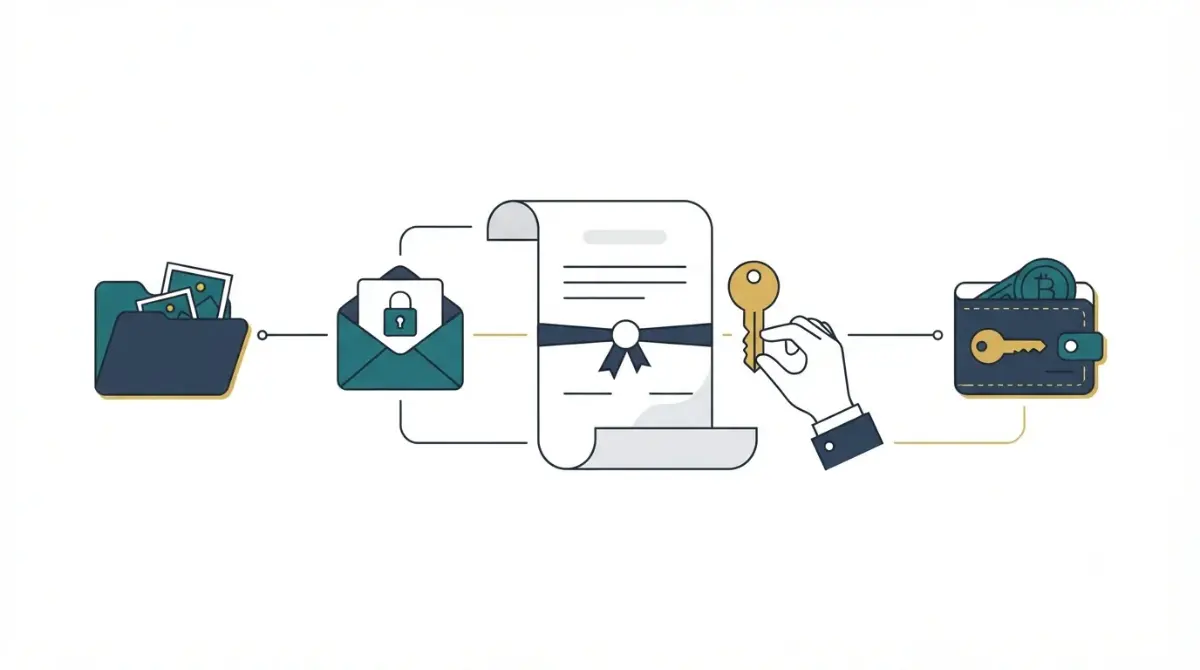 Digital Assets after death estate planning illustration showing online accounts, cloud files, cryptocurrency, and a will
