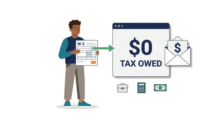 Do I Need to File taxes if I made little or no income? Vector illustration of a worker holding a W-2 beside a $0 tax owed screen and a refund envelope