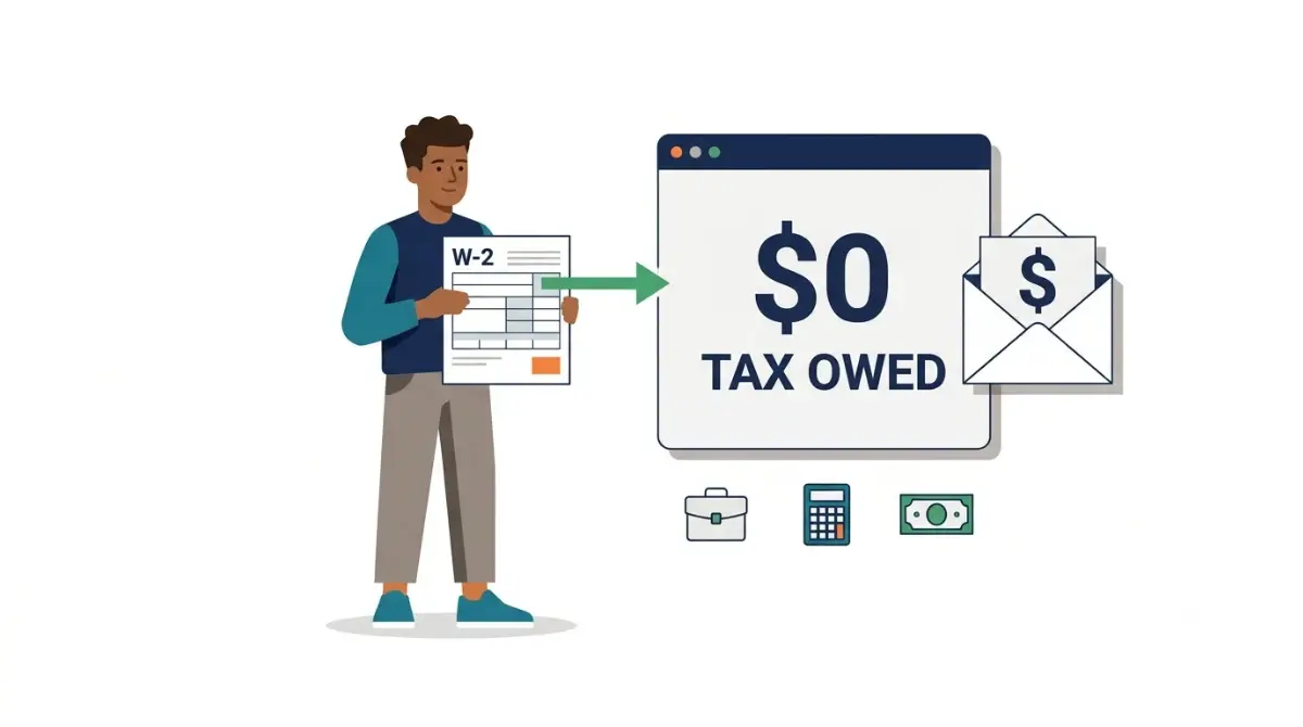 Do I Need to File taxes if I made little or no income? Vector illustration of a worker holding a W-2 beside a $0 tax owed screen and a refund envelope