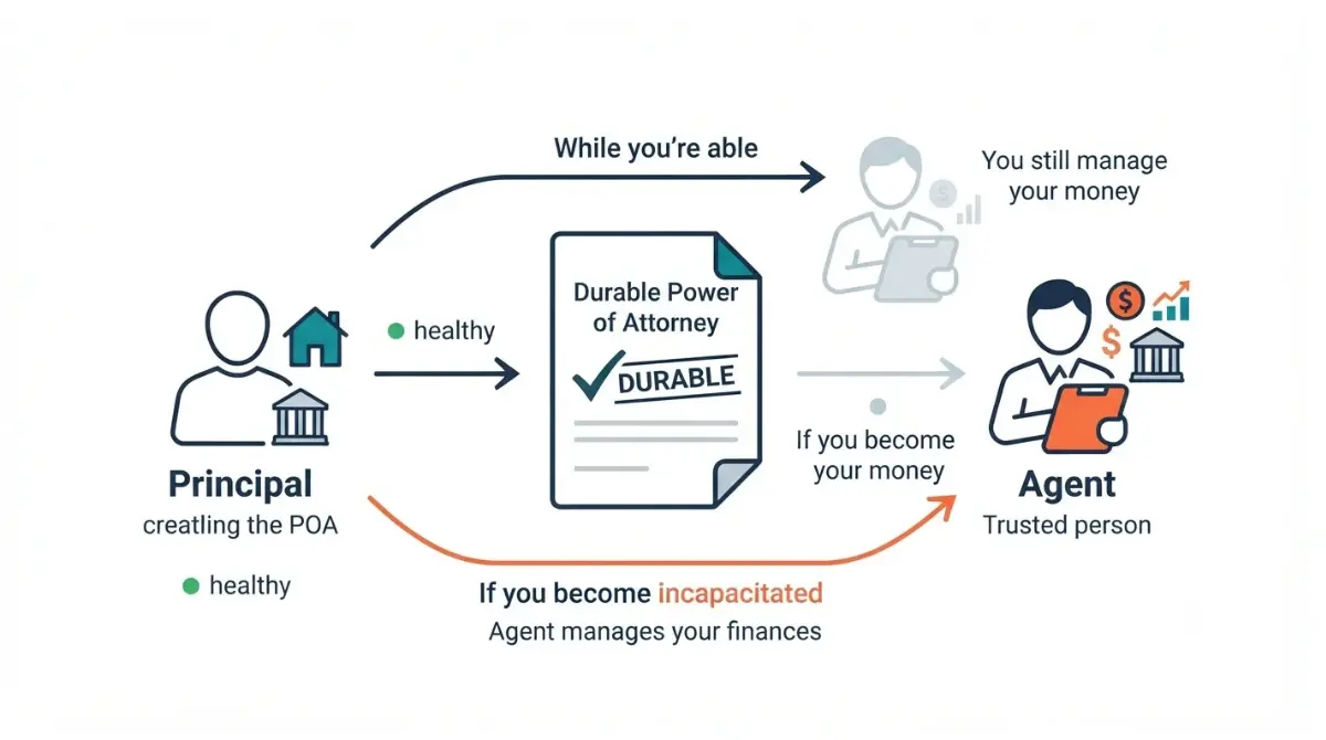 Illustration of a trusted agent managing finances under durable power of attorney in Estate Planning After Diagnosis on white background