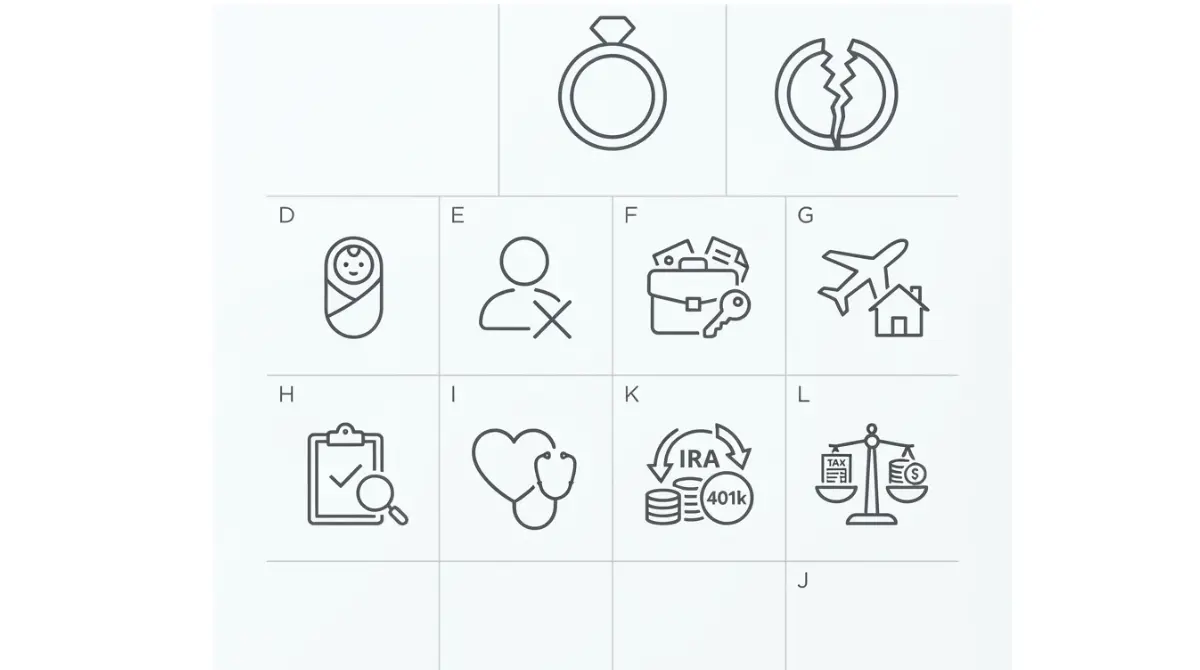 “Vector icon grid representing ten Estate Plan update triggers including marriage, divorce, new child, move, health, and retirement accounts.”