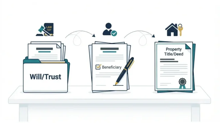 “Professional vector illustration of the three parts of an Estate Plan: will or trust, beneficiary forms, and property titles on a white desk.”
