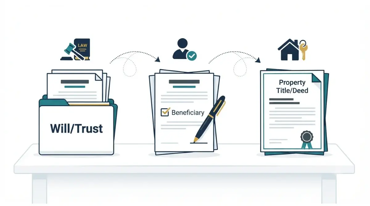 “Professional vector illustration of the three parts of an Estate Plan: will or trust, beneficiary forms, and property titles on a white desk.”