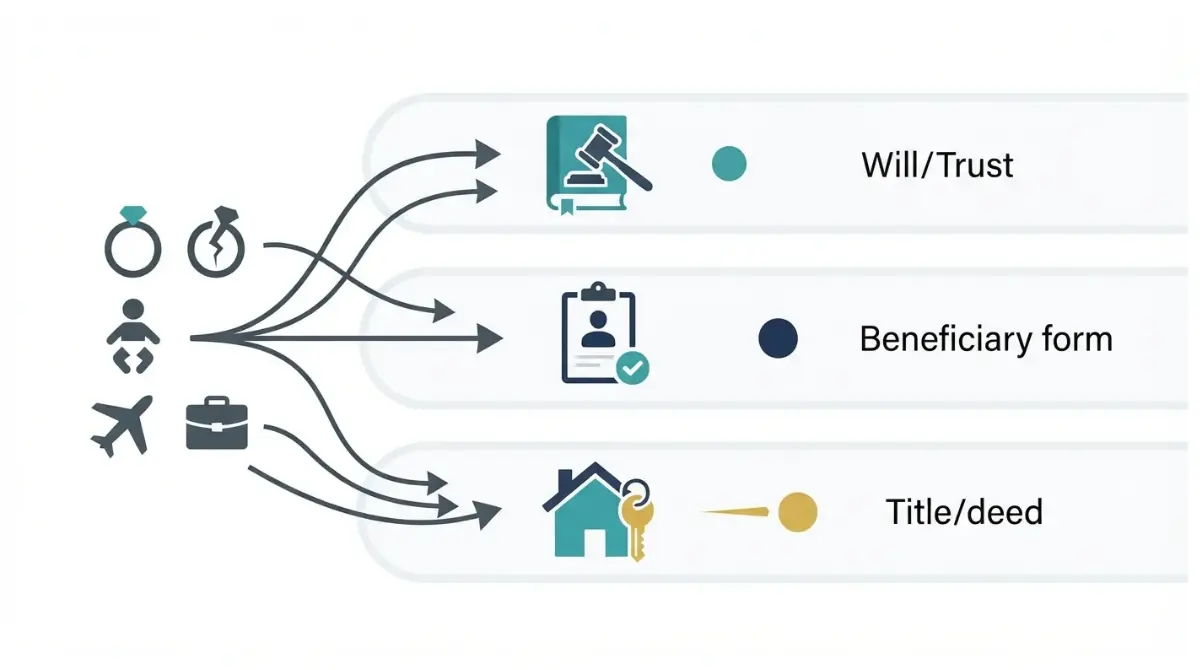 “Vector illustration showing Estate Plan components updating on different schedules triggered by life events.”