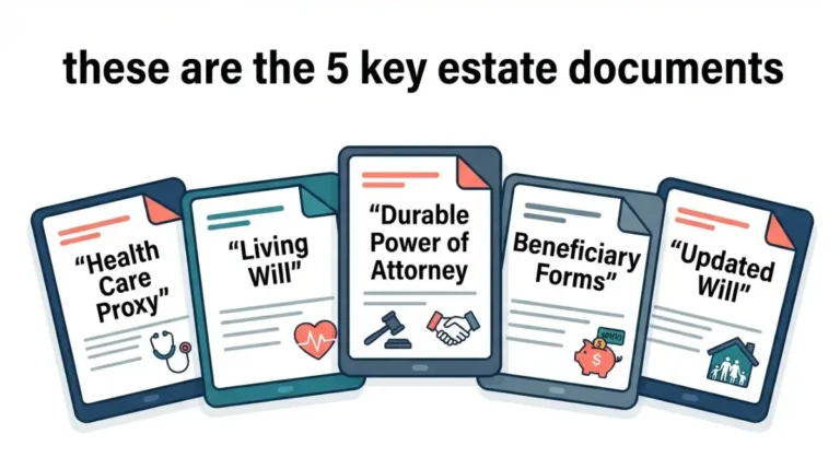 Vector illustration of five essential documents for Estate Planning After Diagnosis: health care proxy, living will, durable power of attorney, beneficiary forms, and updated will on white background