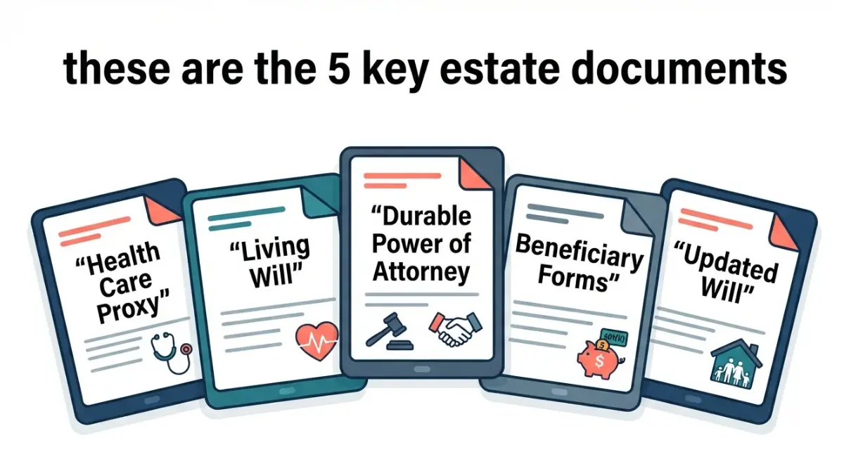 Vector illustration of five essential documents for Estate Planning After Diagnosis: health care proxy, living will, durable power of attorney, beneficiary forms, and updated will on white background