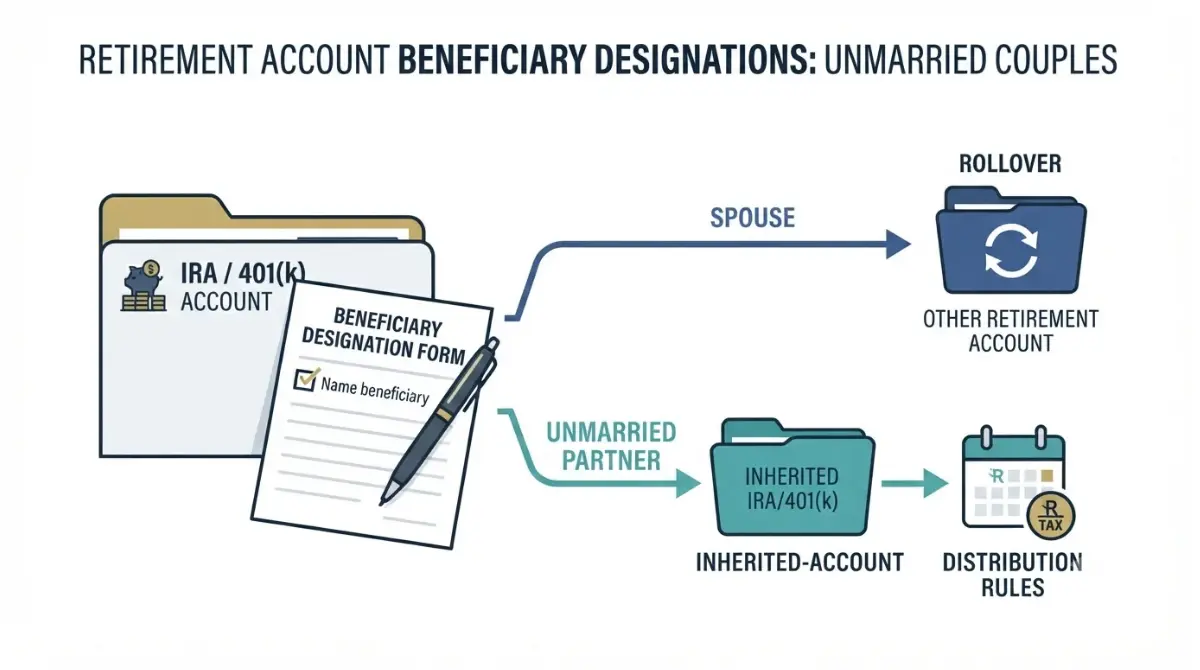 Estate Planning illustration showing an unmarried partner named as an IRA or 401(k) beneficiary and different rules for a surviving spouse