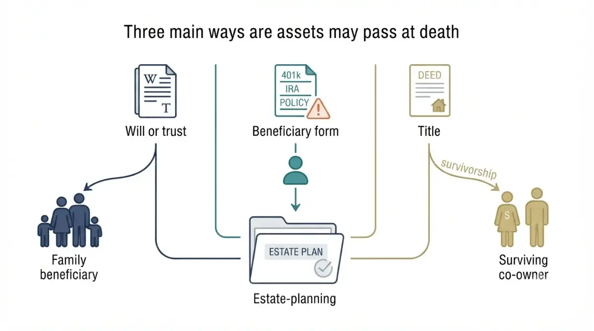 Estate Planning diagram showing assets passing through a will or trust, beneficiary designation, or ownership title