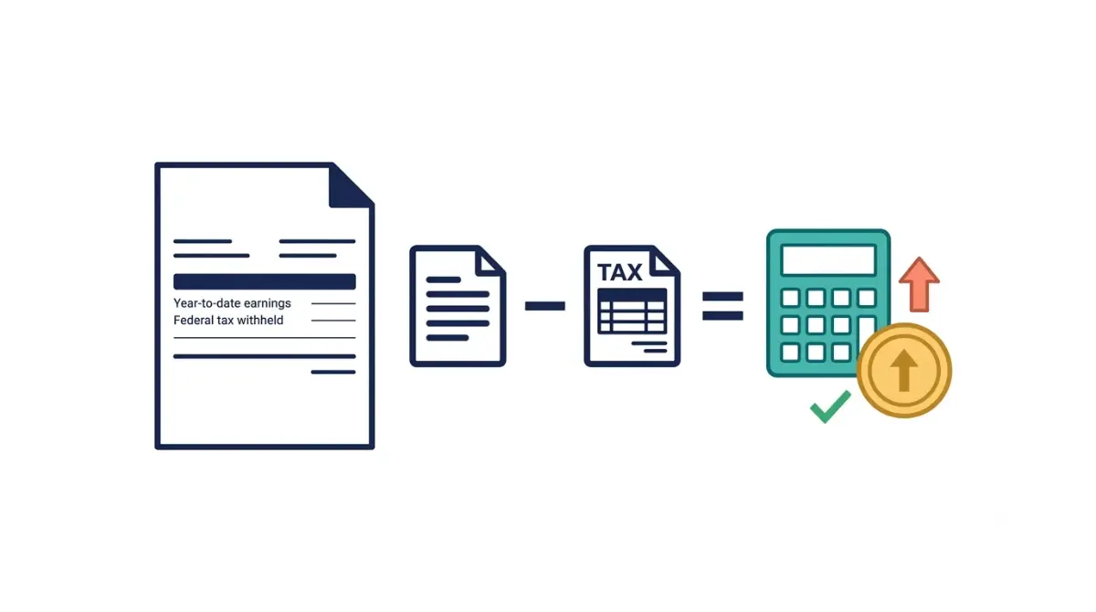 Estimate Tax Refund before filing by comparing estimated tax with federal tax withheld, vector illustration