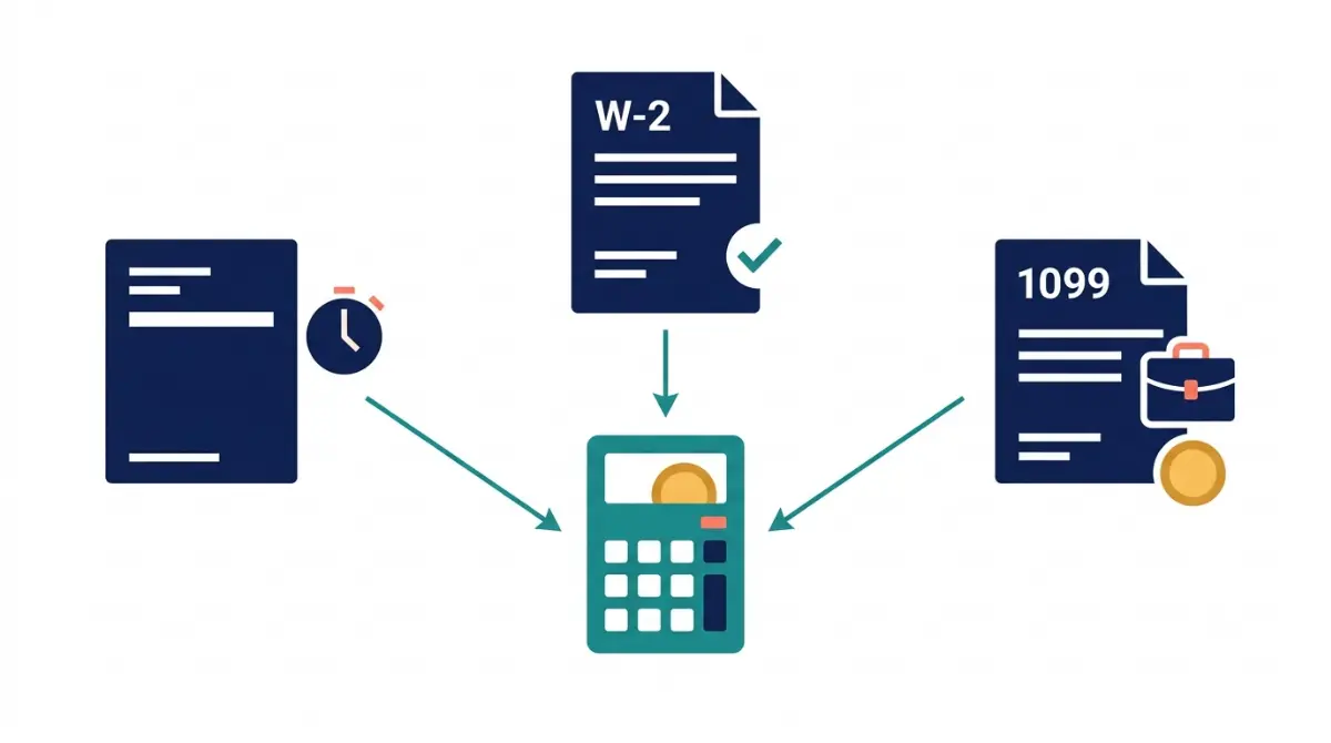 Estimate Tax Refund using a pay stub, W-2 form, and 1099 income records, vector illustration