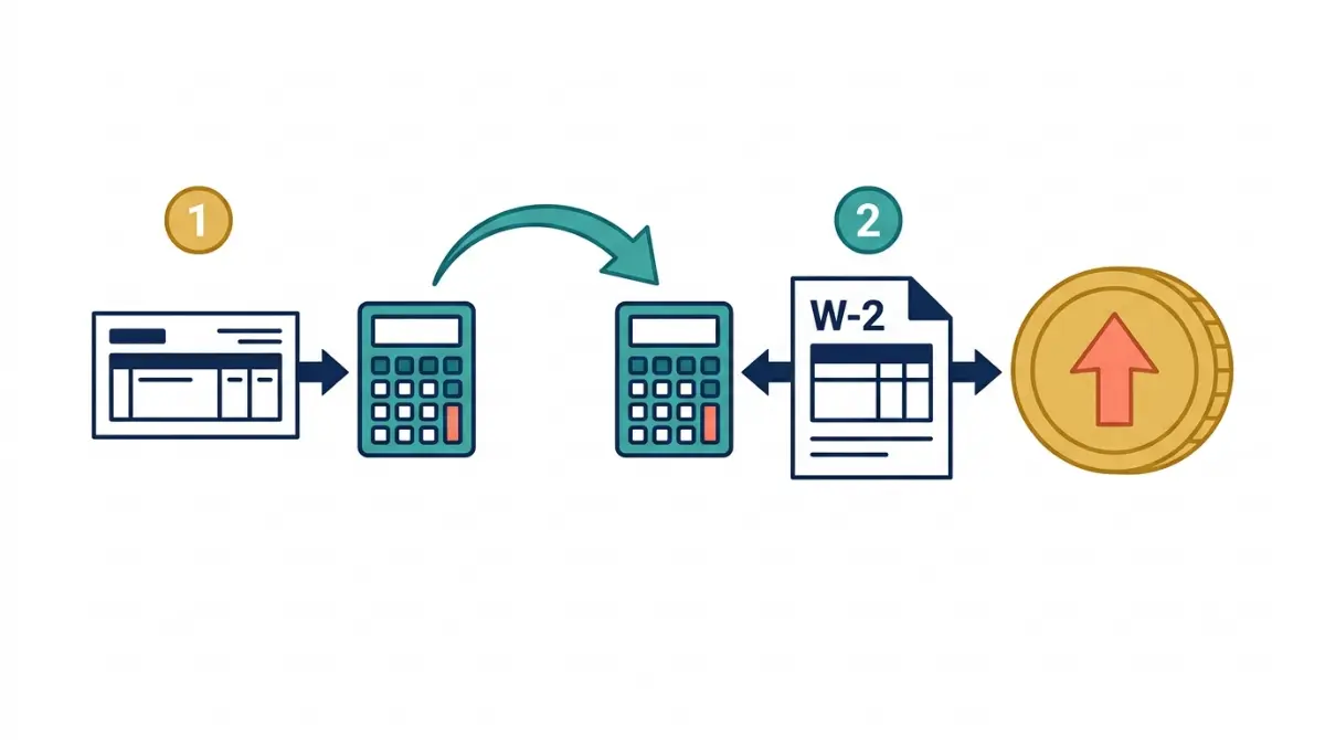 Estimate Tax Refund in two passes using a pay stub first and then a W-2, vector illustration