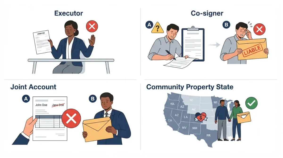 Executor Duties do not include personal debt payment unless co-signer, joint owner, or spouse in community property state
