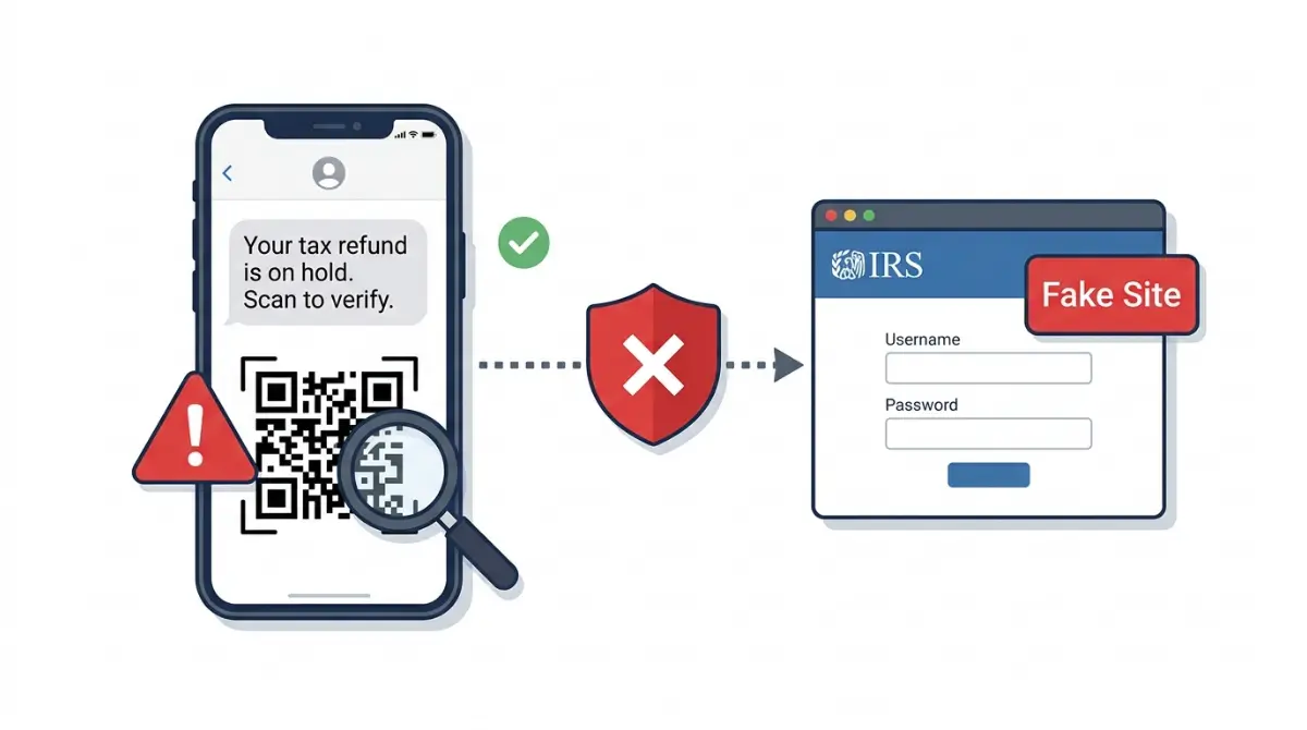 Tax Refund Scams: vector illustration of a fake IRS refund text with a QR code leading to a phishing website