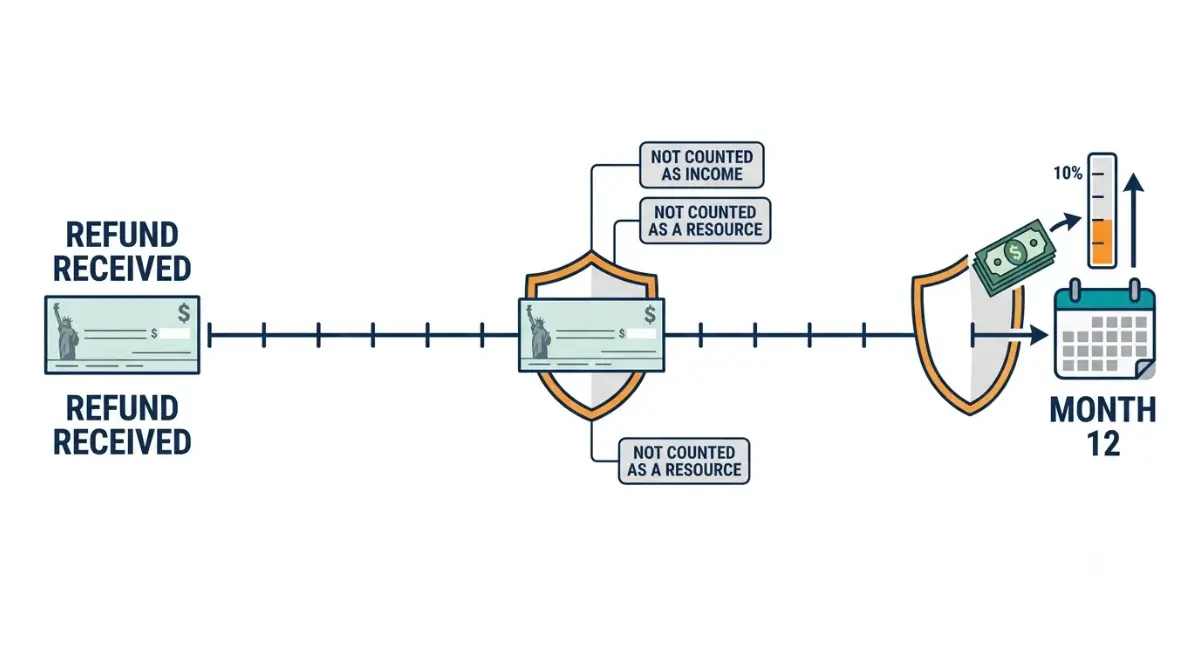 Tax Refund 12-month exclusion timeline showing a federal Tax Refund excluded from income and resources