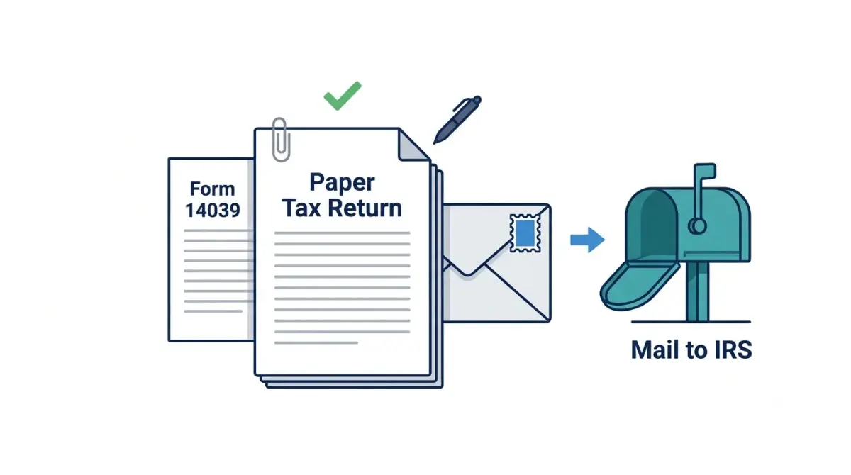 IRS Form 14039 identity theft affidavit attached to a paper Taxes return ready to mail after a duplicate-return rejection