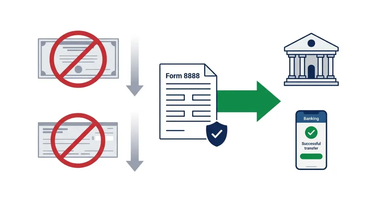 Tax Refund direct deposit only under revised IRS Form 8888 vector illustration