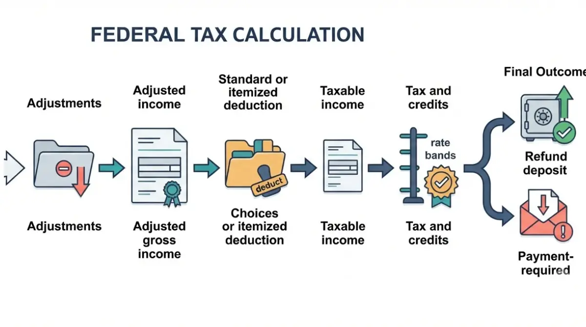 Tax Refund Formula flow showing income, adjustments, AGI, deductions, taxable income, tax, credits, and the final refund