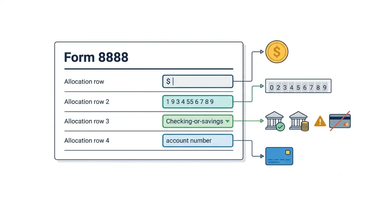 Tax Refund Form 8888 fields for routing number account type and account number vector illustration
