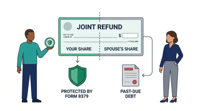 Injured Spouse Relief vector illustration showing a joint tax refund being split, with one spouse’s share protected from the other spouse’s past-due debt through IRS Form 8379.